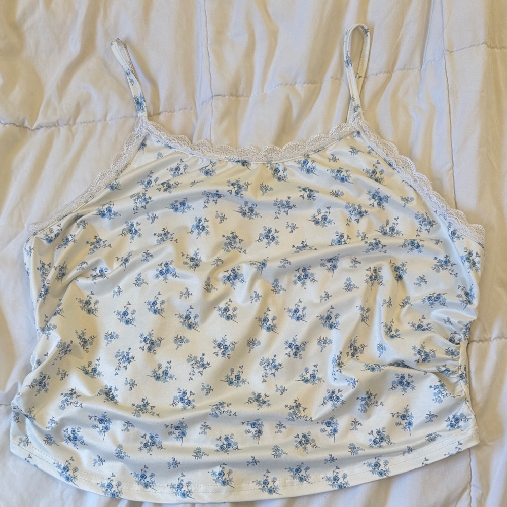 SHEIN Cream Cami with Blue Floral Print and Lace Trim